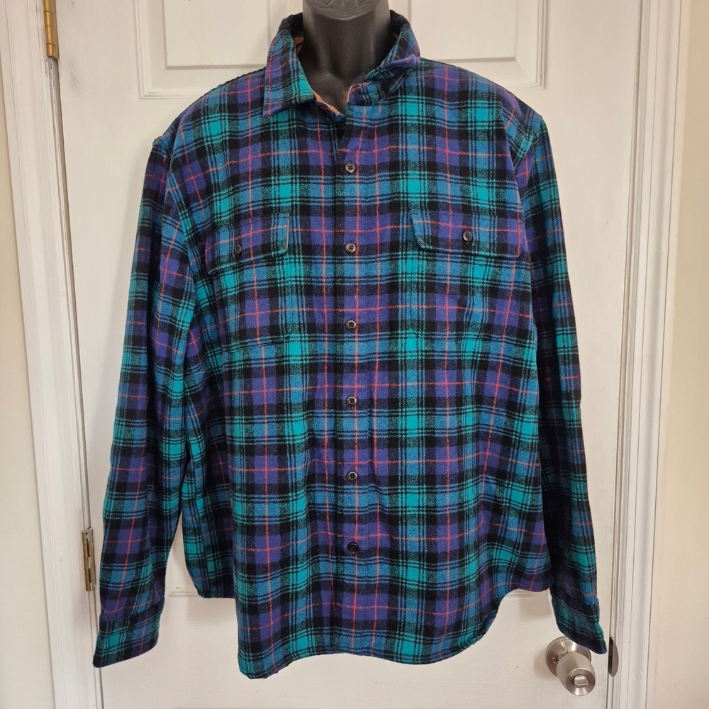 Guinness x Lucky Brand Men XXL Blue Teal Purple Plaid Heavyweight Flannel Shirt